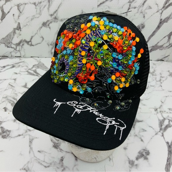 Ed Hardy Dragons BlackMulticolor Rhinestone Trucker Hat NWT